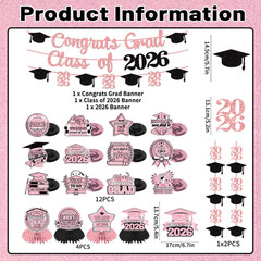 Pink Graduation Decorations 2026 Set Include Glitter Class of 2026 Banner