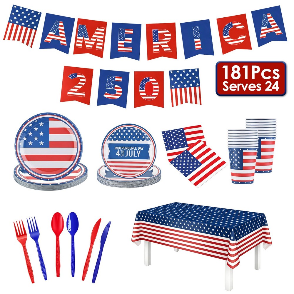 250th 4th of July Decor Party Supplies 181PCS Patriotic Plates Tablecloth Banner