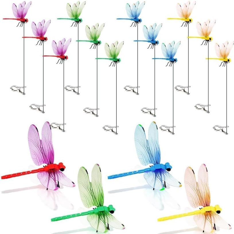 12 Pack 3D Dragonfly Clips, Fake Dragonflies with Stakes, Realistic Plastic Drag