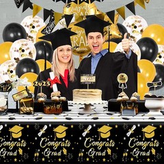 Graduation Tablecloth Party Decorations 2026, 3 Pack Thick Black and Gold 54″x10