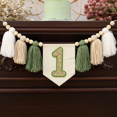 Wild One 1st Green White Highchair Banner Handmade Wood Bead Tassel Garland Birt