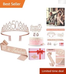 Luxurious 50th Birthday Party Kit: Rose Gold Sash, Crown, Cake Topper & Candles