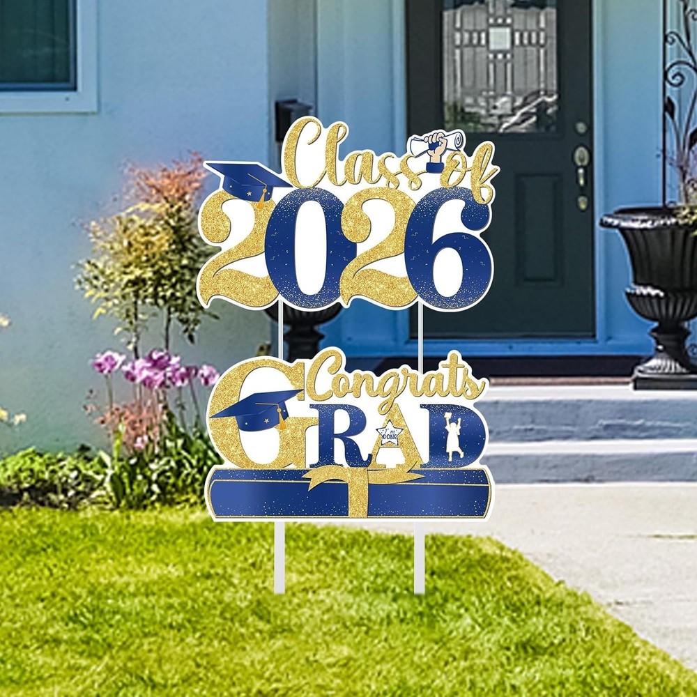 2 Pack Class of 2026 Graduation Yard Signs Blue Gold Lawn Decor with Stakes