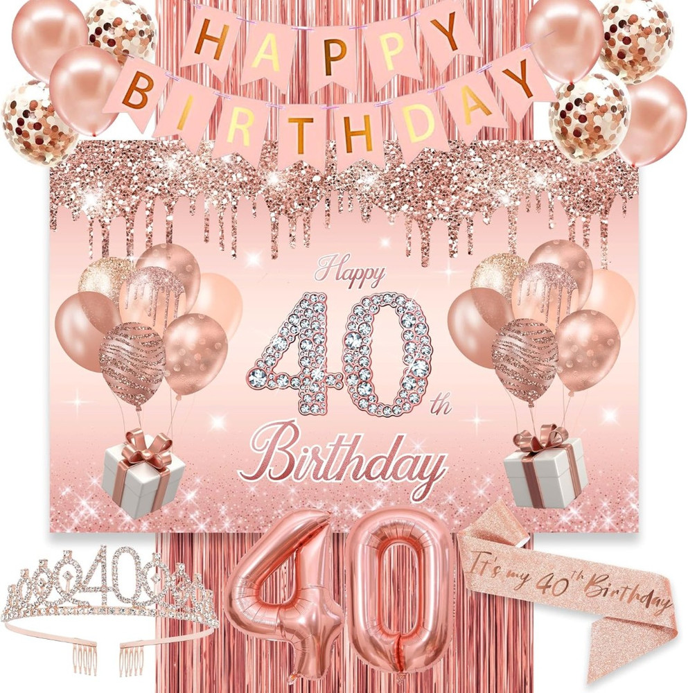 40th Birthday Decorations Party Kit Rose Gold Balloons Tiara Sash Backdrop