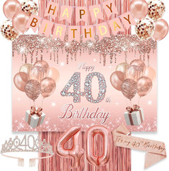 40th Birthday Decorations Party Kit Rose Gold Balloons Tiara Sash Backdrop