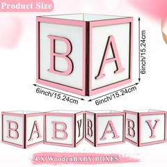4 PCS Baby Shower Boxes Decorations Wood Blocks Printed Letter Pink Centerpiece