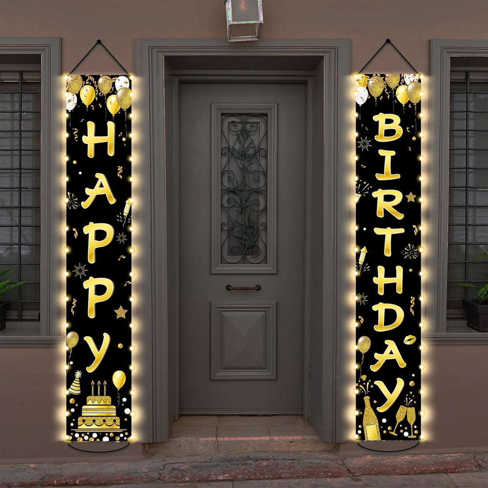 Black Gold Happy Birthday Banner with LED Lights Party Porch Door Decorations