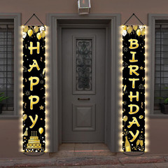 Black Gold Happy Birthday Banner with LED Lights Party Porch Door Decorations
