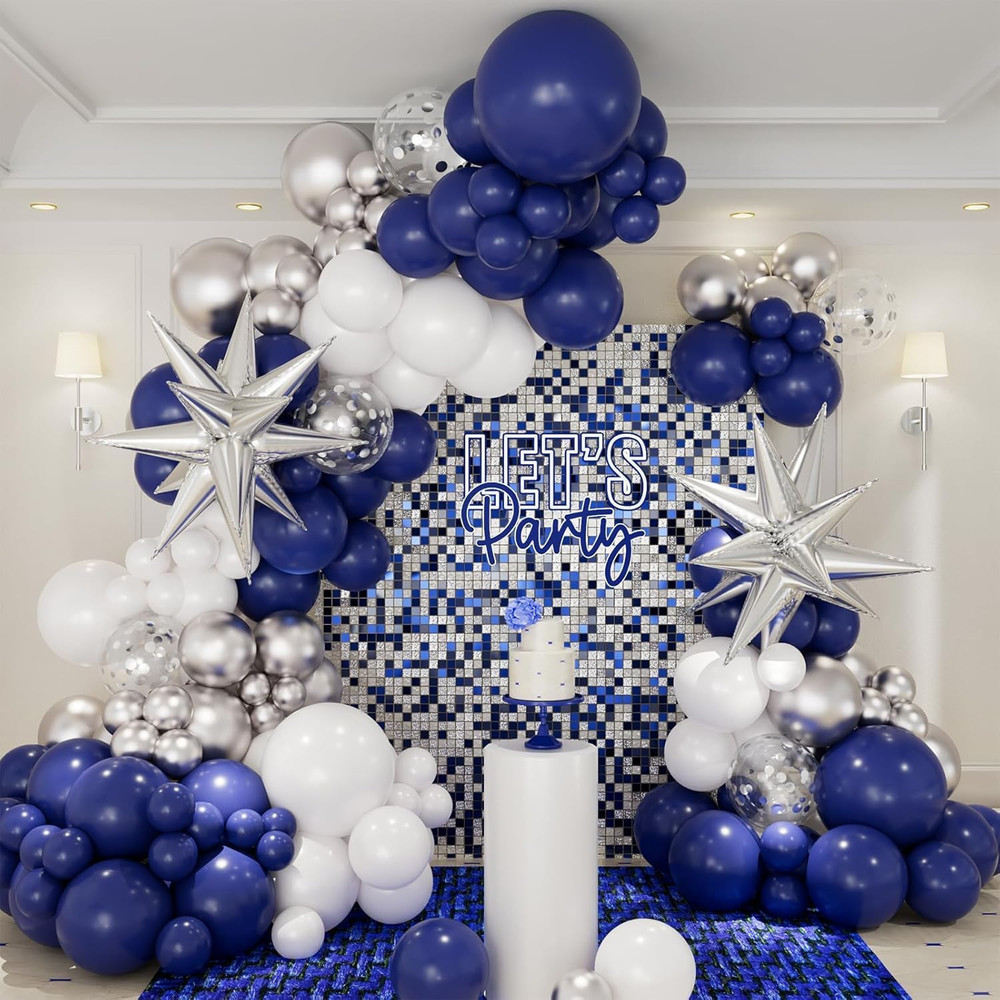 Navy Blue and Silver Balloon Garland Arch Kit, 146Pcs Royal Blue Metallic Silver