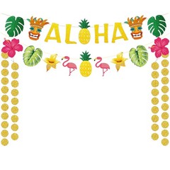 Gold Glitter Hawaiian Aloha Party Banner Flamingo Pineapple Decor