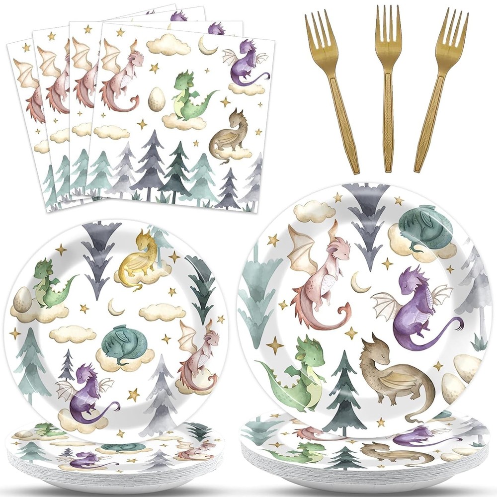 Dragon Birthday Party Decorations Magic Watercolor Tableware Set for Kids