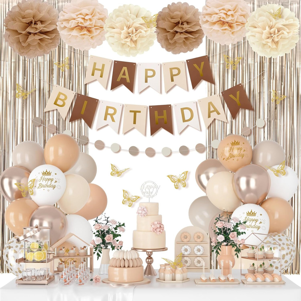 Neutral Birthday Decorations for Women Girls, White Sand Gold Confetti Metallic