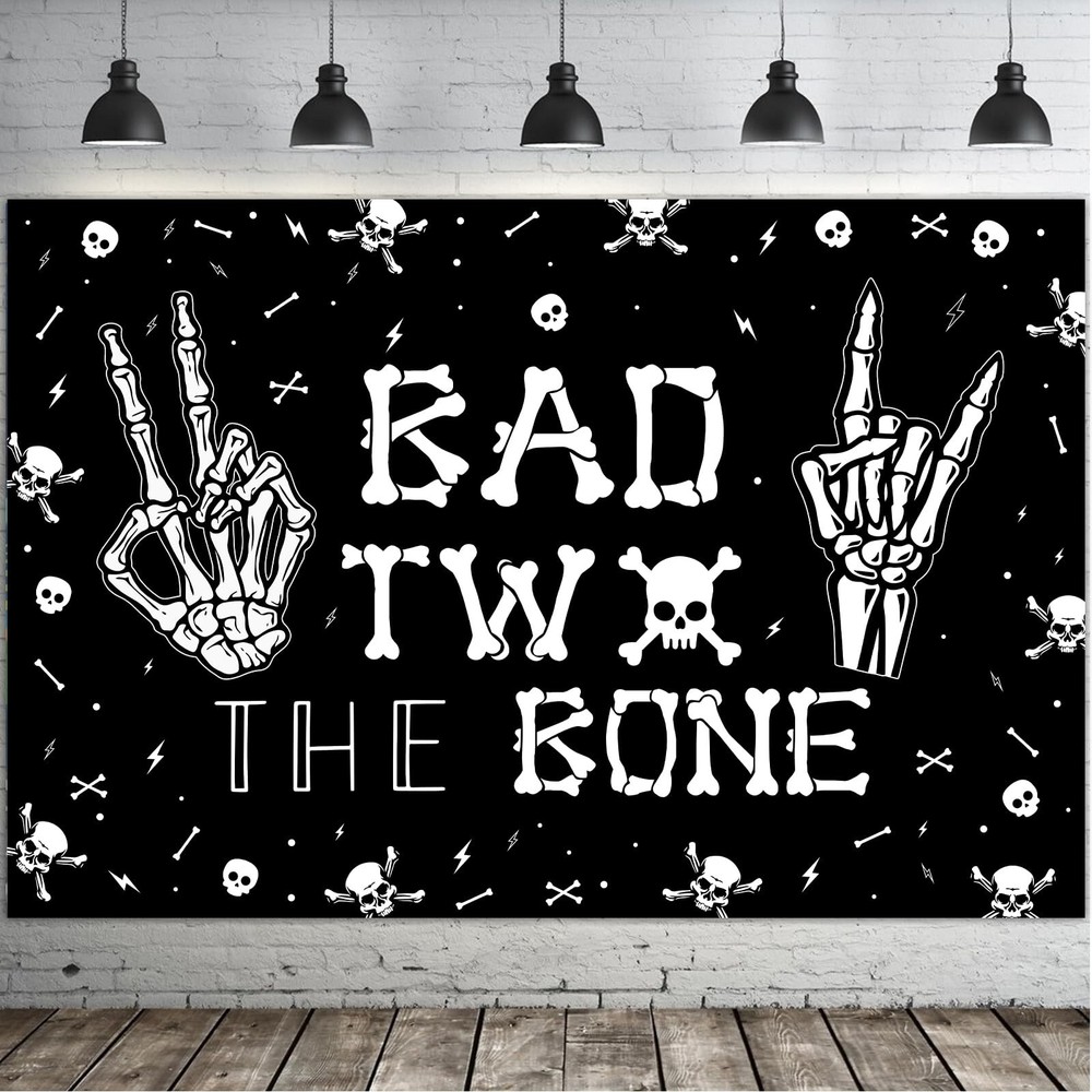 Bad Two The Bone Backdrop Banner, Skeleton Theme 2nd Birthday Decorations for…