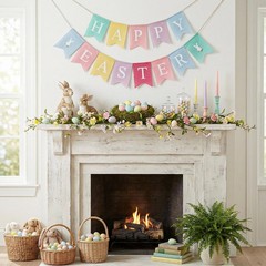 2pcs Happy Easter Banner Burlap Easter Bunting Garland Decorations Rabbit Color