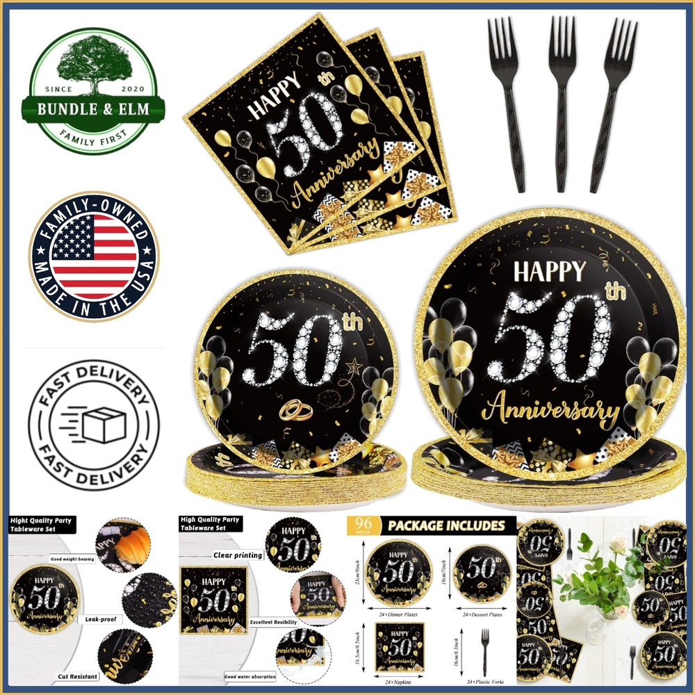 Durable Paper Tableware Set for 50th Anniversary – 96 Pieces for Celebrations