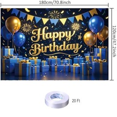 Blue Gold Happy Birthday Backdrop Banner 70.8 x 47.2 Inch,