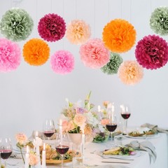 16 PCS Red Green Party Decorations Tissue Paper Flowers Pom Poms Wall Decor
