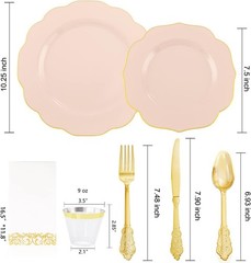 Festive Pink Plastic Plates with Gold Cutlery – 175 Pieces