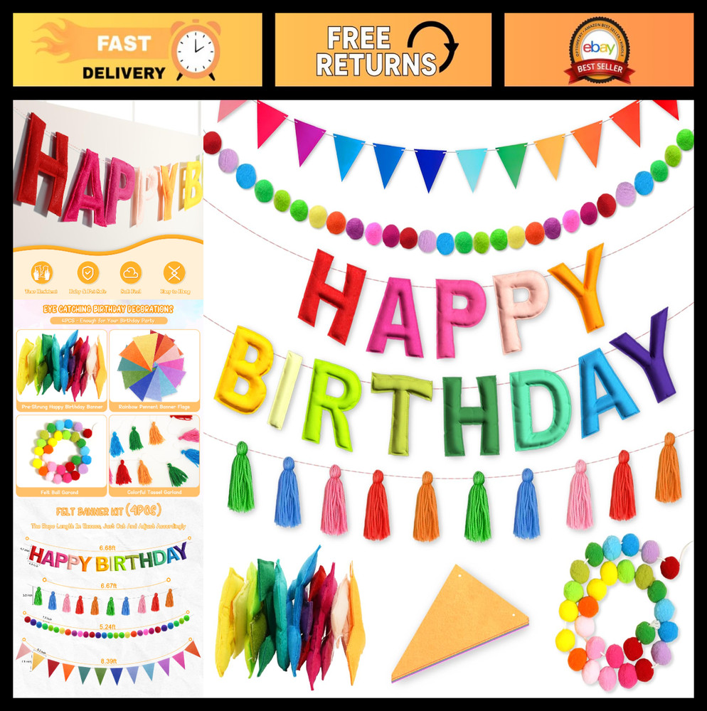 4PCS Happy Birthday Banner Set – Felt Garland, Colorful Ball Pennants, Rainbow D