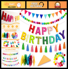 4PCS Happy Birthday Banner Set – Felt Garland, Colorful Ball Pennants, Rainbow D