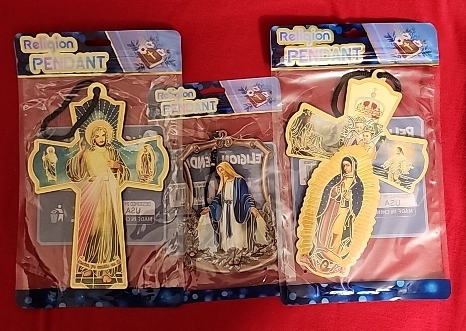 3 CROSS WOOD – VIRGIN MARY GUADALUPE – And JESUS NEW IN BAG