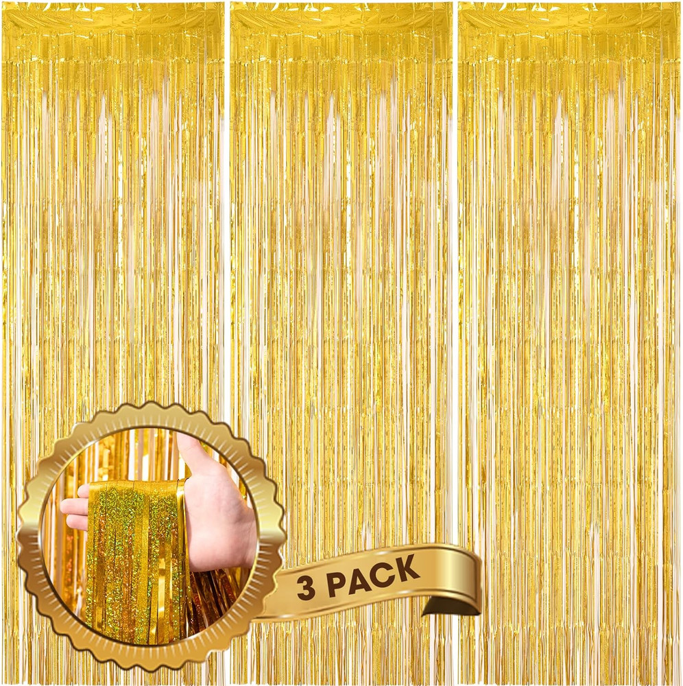 Voircoloria 3 Pack 3.3 x 8.2 ft Laser Gold Foil Fringe Backdrop Curtains, Tinsel