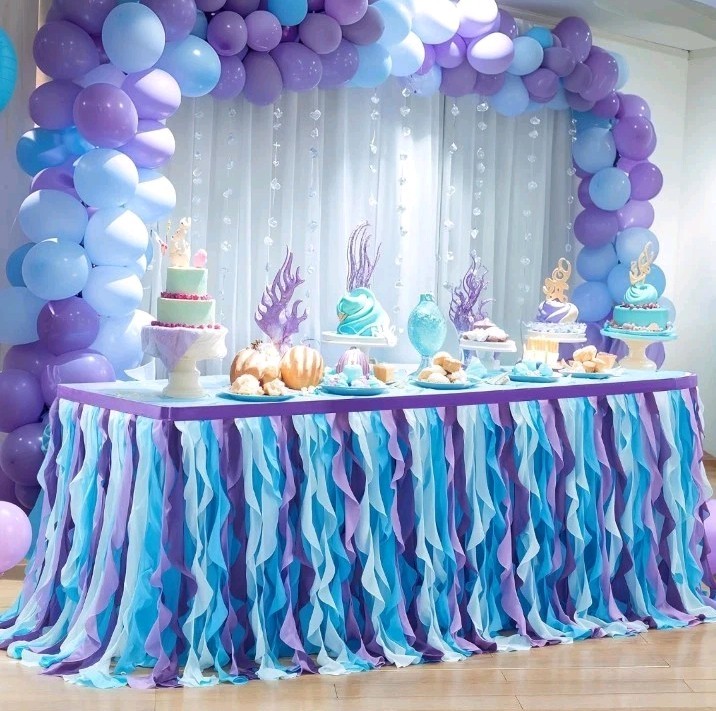 Mermaid Tulle Tutu Ruffle Curly Willow Table Skirt for Rectangle Table 9ft,…