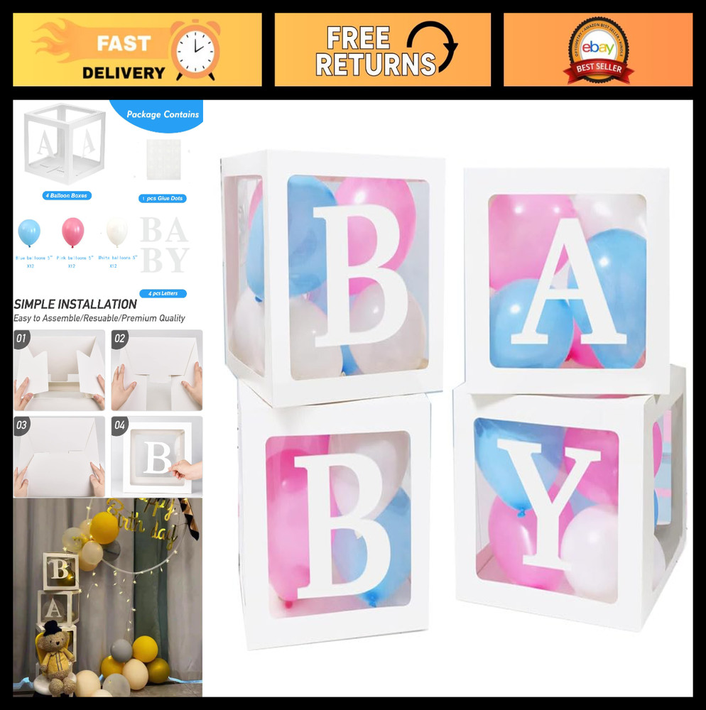 Transparent Baby Blocks for Gender Reveal – Clear Boxes with 4 Letters & 36 Ball