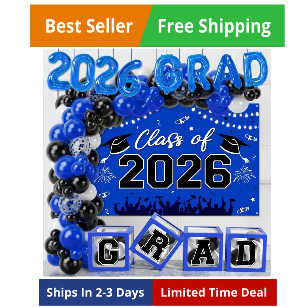 2026 Graduation Party Decorations Blue Black Balloon Boxes Arch Kit Backdrop