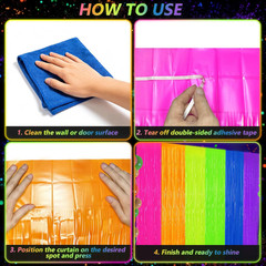 2 Pack Glow in the Dark Tinsel Curtains, Neon Party Decorations 3.3 X 6.6 Ft Bla