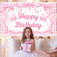 Pink Bow Coquette Birthday Decorations Happy Birthday Backdrop Bow Girls Bachelo