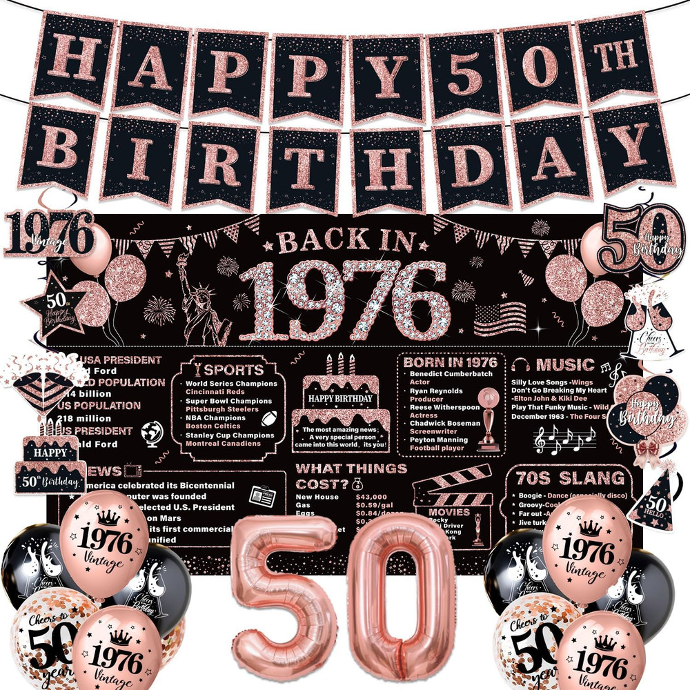 Rose Gold 50Th Birthday Decorations for Women – 37Pcs Happy 50Th Birthday Banner