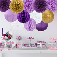 Purple Gold Party Decorations 15Pcs Paper Flowers Lanterns Tissue Pom Poms Honey