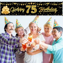 Happy 75th Birthday Banner Decorations for 73 inches by 16 inches, black gold