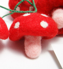 Handmade Wool Felt Mushroom Garland: Red, White & Pink 8 ft w 15 Mushrooms Nepal