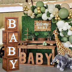 Baby Shower Boxes Party Decorations – 4 Wood Grain Brown Blocks with Baby Letter