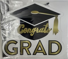 “Congrats Grad” Graduation Yard Sign With Stakes Star Black White & Gold 14”x13”