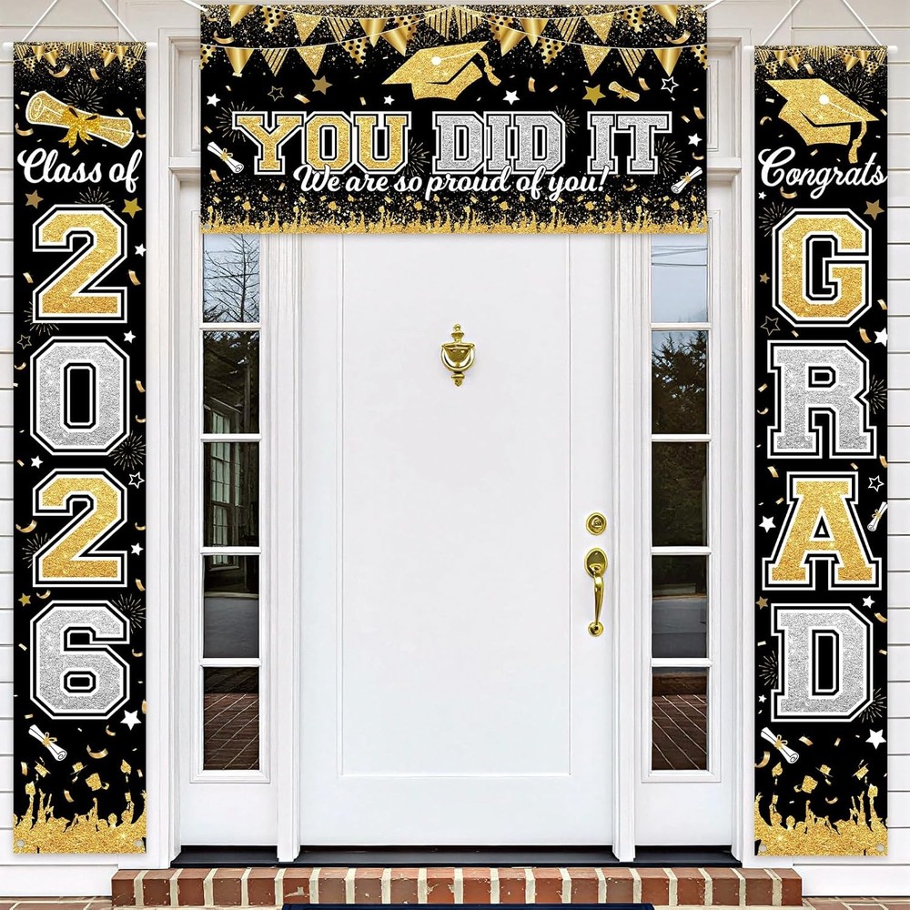 Graduation Decorations Class of 2026 Graduation Banner 3 Pieces Set Black Gold C