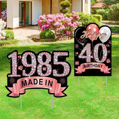 2Pcs Rose Gold 40th Birthday Yard Sign Decoration for Women,Happy 40th Birthday
