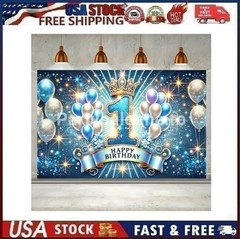 Blue 1st Birthday Backdrop Prince King Crown Balloons Photo Background Decor 5×3