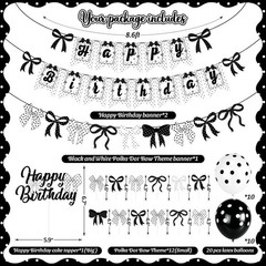 Bow Happy Banner Decorations,Cute Black and White Polka Dot Theme Brithday De…