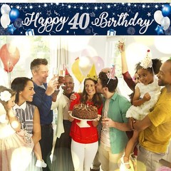 Domgoge Happy 40th Birthday Decoration Banner Large Blue and Silver Happy 40