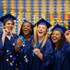 Graduation Decoration 2026 – Blue Gold Graduation Cap Tinsel Streamers Backdrop