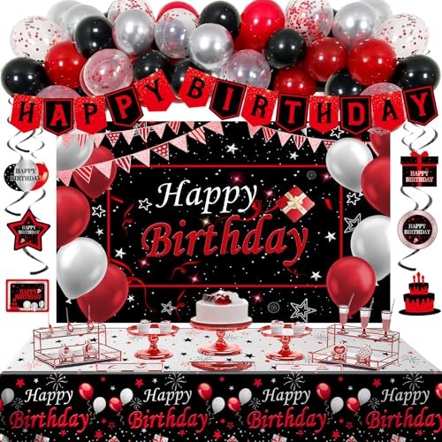 Black and Red Birthday Decorations for Men Women Boys Girls, Black and Red