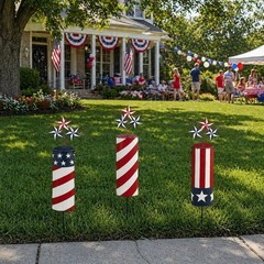 3-PC Patriotic Firecracker Fireworks Metal Yard Stakes July 4th Decor 24″H #025