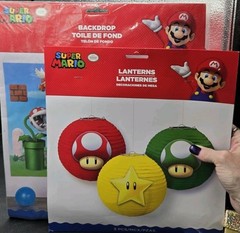 3 Pc Super Mario Bros. Backdrop 33.5×65″ Coins Bricks Mushrooms + 3 Pc Lanterns