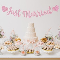 Pre-Strung Pink Just Married Banner – Glittery Party Decor for All Occasions