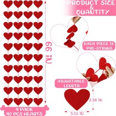 40PCS Valentines Day Decor Red Heart Banner with Felt Hearts Hanging Home Decor