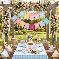 2pcs Happy Easter Banner Burlap Easter Bunting Garland Decorations Rabbit Color