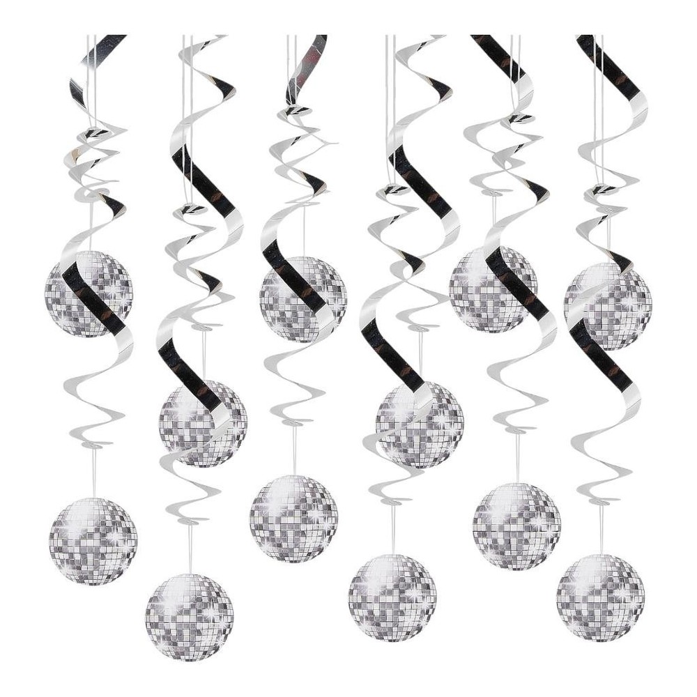 Silver Disco Ball Hanging Swirls Party Decorations Pack 6 Retro 70s Theme AU
